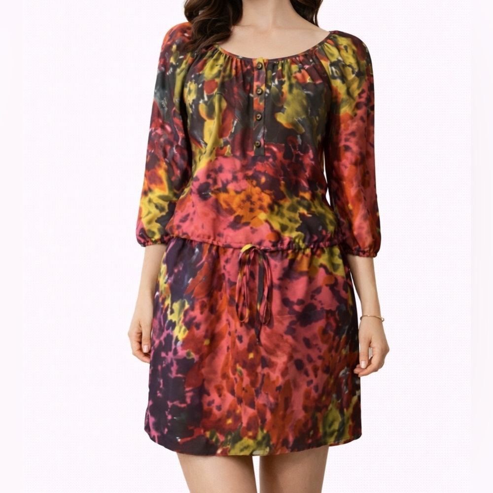 Trina Turk Silk Mulicolor Dropped Waist 3/4 Long Sleeve Dress 8 Medium